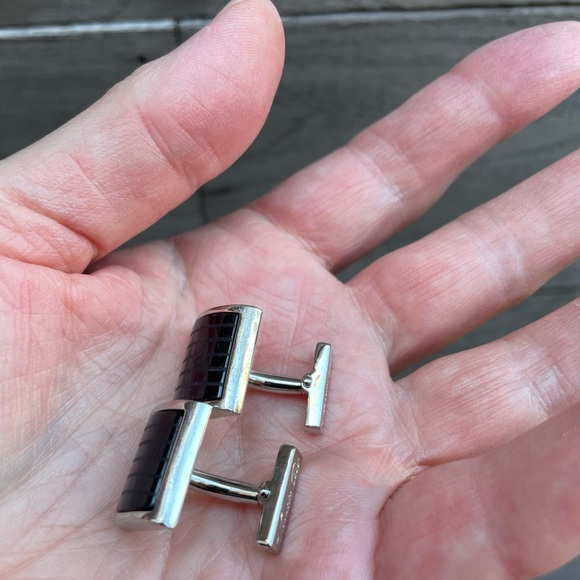 🟪 🟪 Kenneth Cole New York Amethyst Purple Striped Glass Silver Tone Cufflinks - Picture 12 of 12